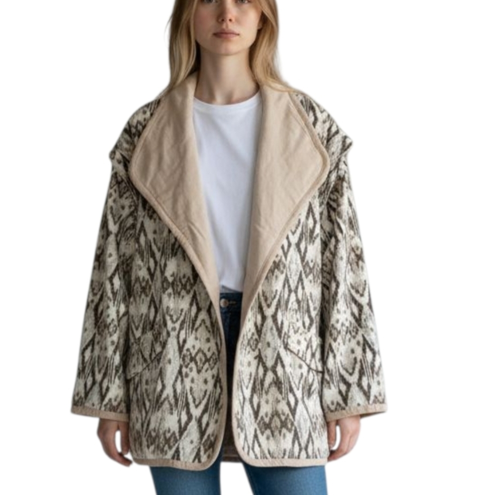 Free People Ada Quilted Jacket Jacquard Shawl Collar Relaxed Tan Cream M NWT
